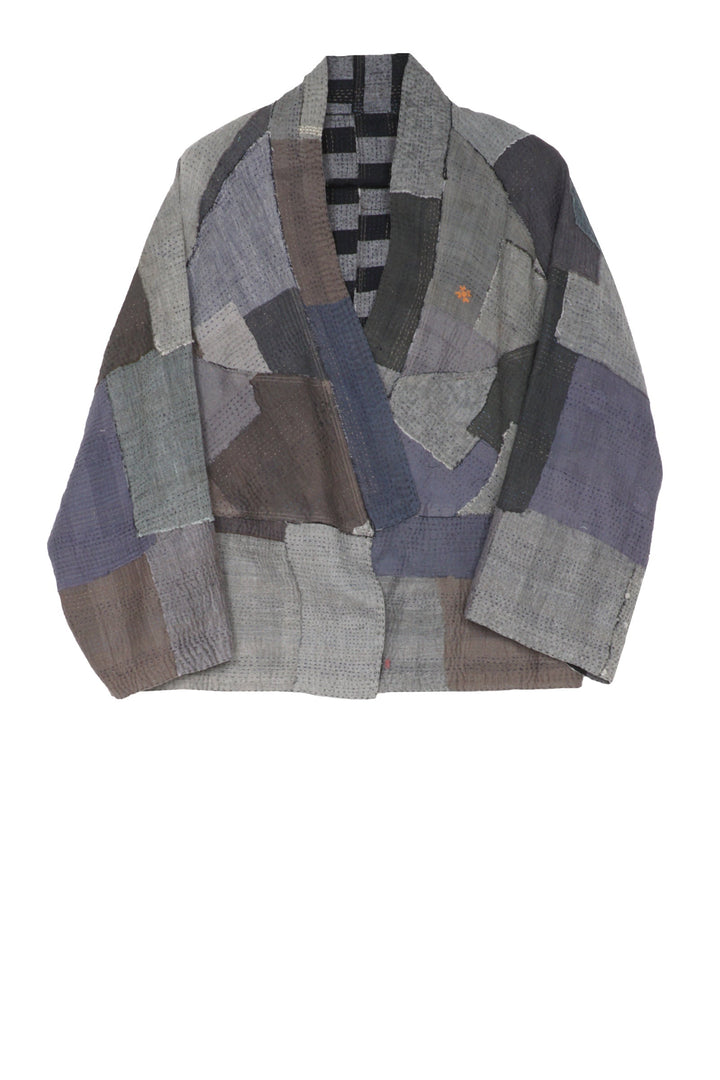WOVEN STRIPE FRAYED PATCH BACK KANTHA DOLMAN SHORT JKT - wp2015-gry -