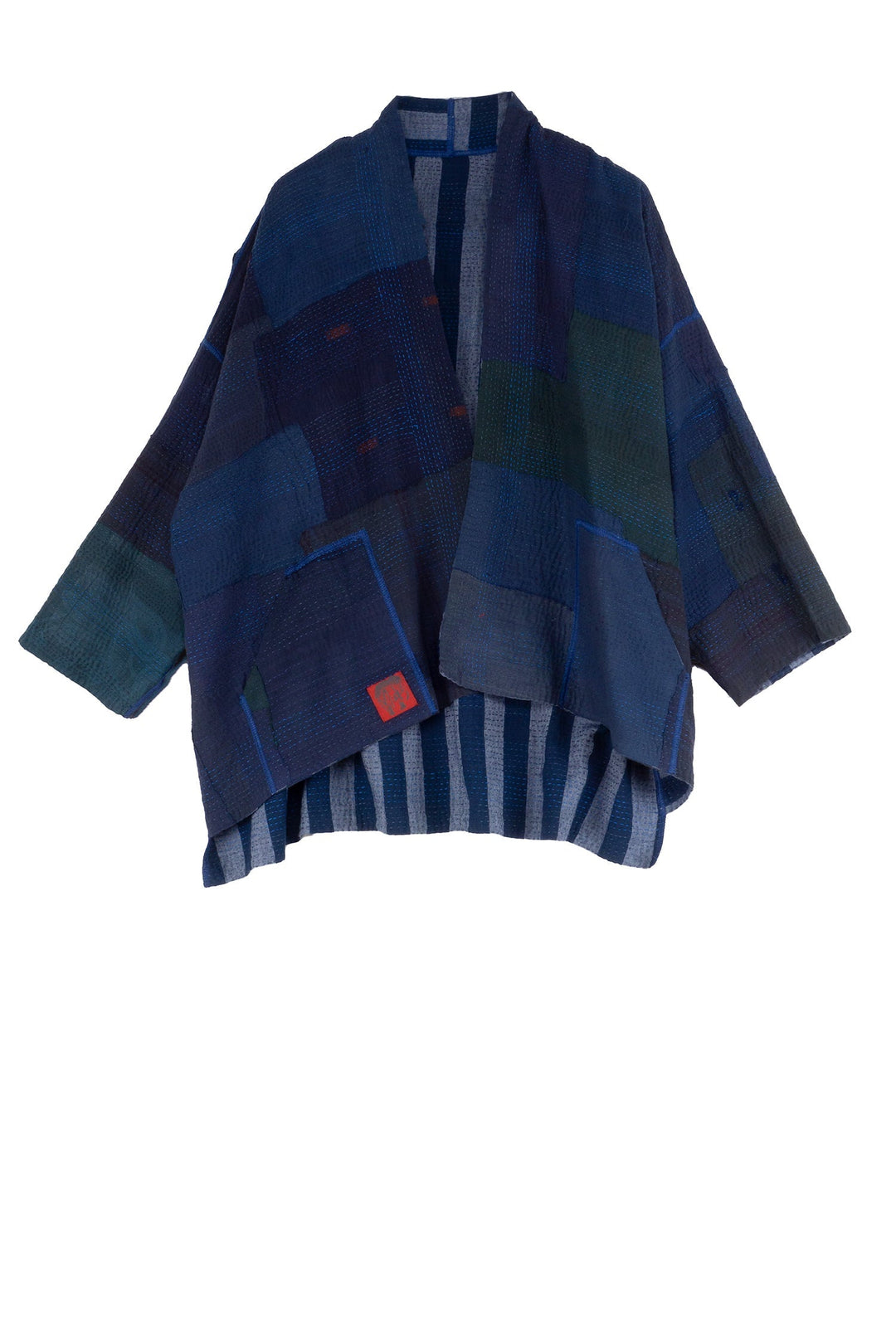 WOVEN STRIPE FRAYED PATCH BACK KANTHA MINI KIMONO JKT - wp2055-nvy -