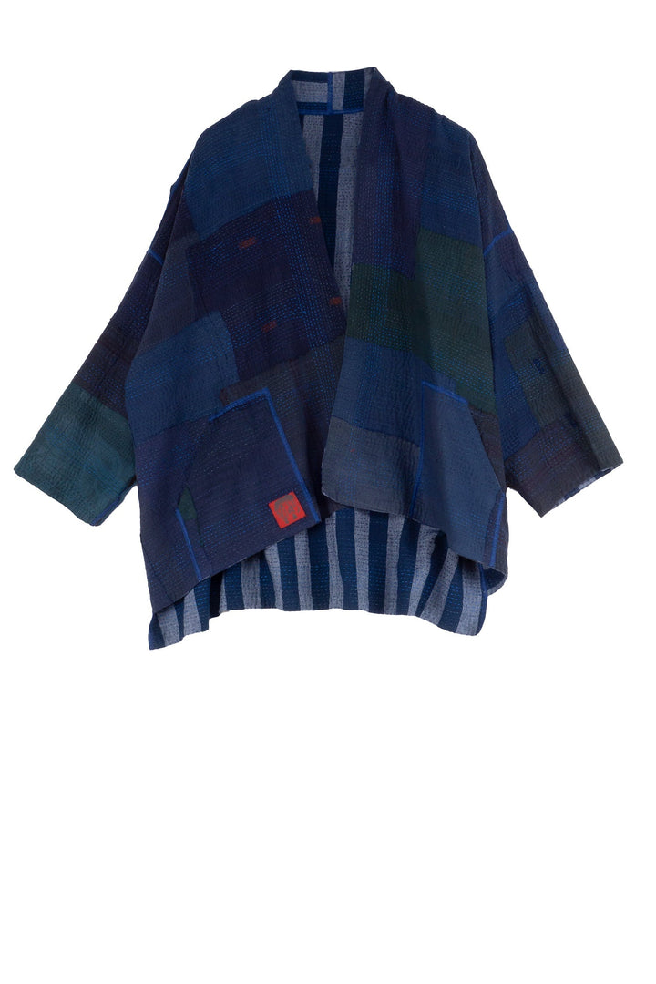 WOVEN STRIPE FRAYED PATCH BACK KANTHA MINI KIMONO JKT - wp2055-nvy -