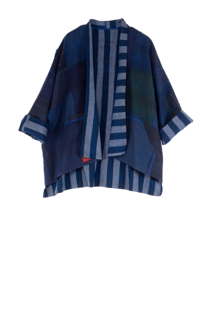WOVEN STRIPE FRAYED PATCH BACK KANTHA MINI KIMONO JKT - wp2055-nvy -