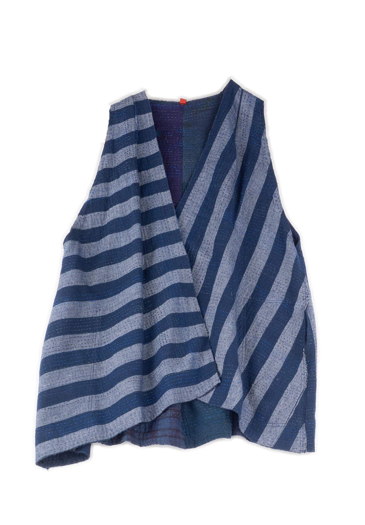 WOVEN STRIPE FRAYED PATCH BACK KANTHA BACK PLEATED VEST SHORT - wp2223-nvy -