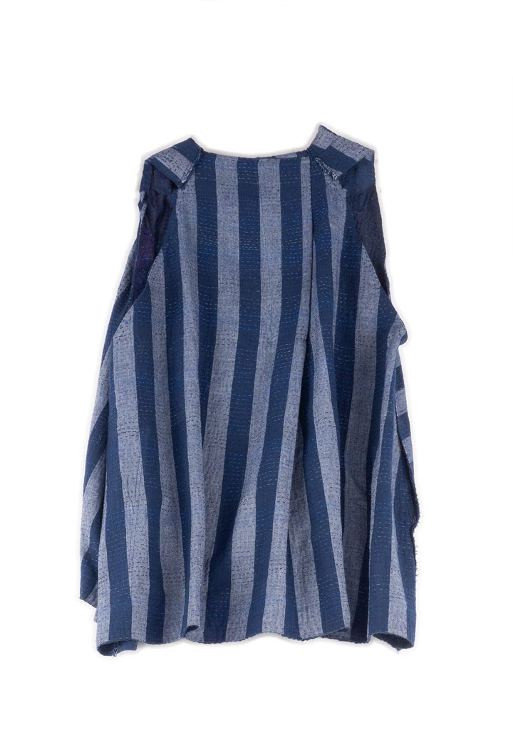 WOVEN STRIPE FRAYED PATCH BACK KANTHA BACK PLEATED VEST SHORT - wp2223-nvy -