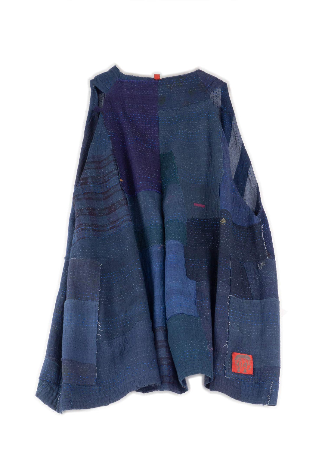 WOVEN STRIPE FRAYED PATCH BACK KANTHA BACK PLEATED VEST SHORT - wp2223-nvy -