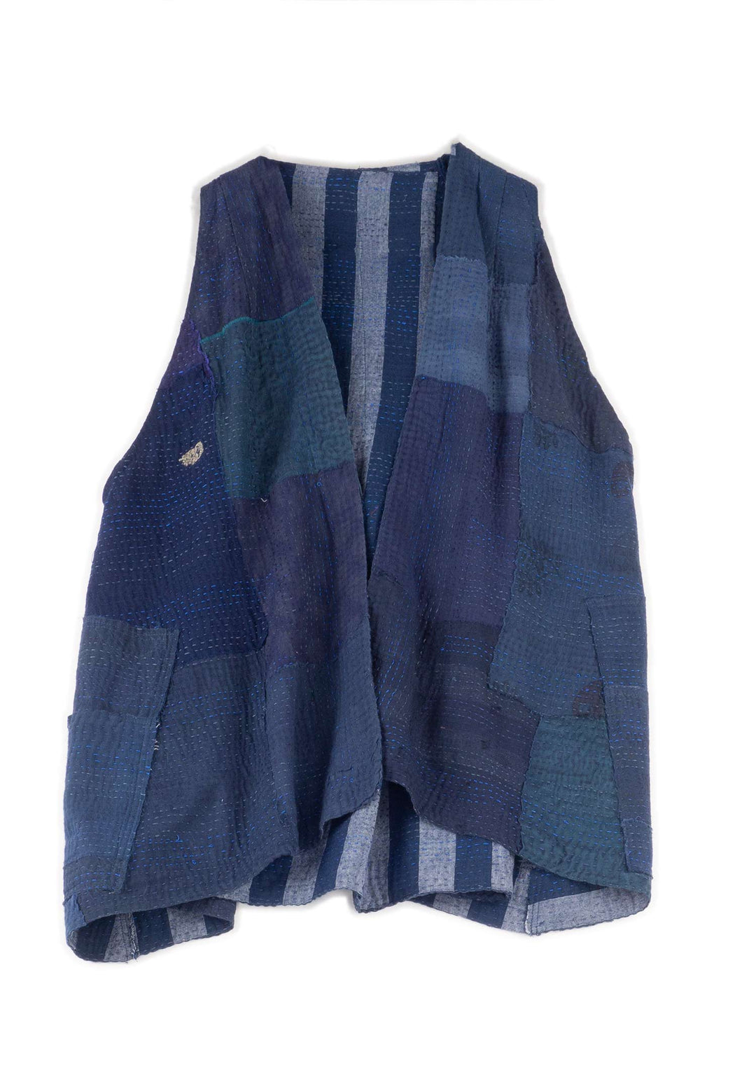 WOVEN STRIPE FRAYED PATCH BACK KANTHA BACK PLEATED VEST SHORT - wp2223-nvy -