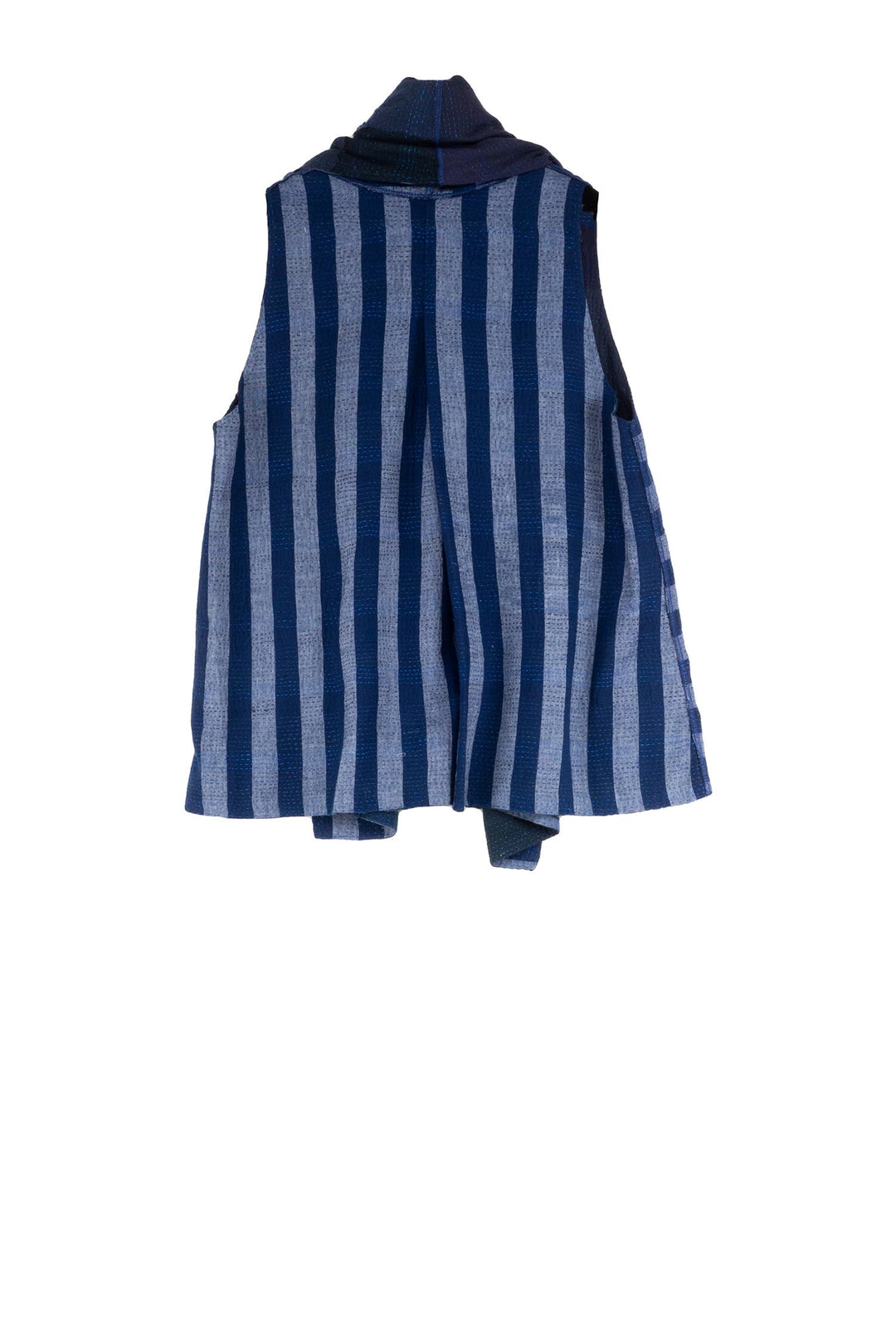 WOVEN STRIPE FRAYED PATCH BACK KANTHA SHAWL COLLAR SHORT VEST - wp2236-nvy -