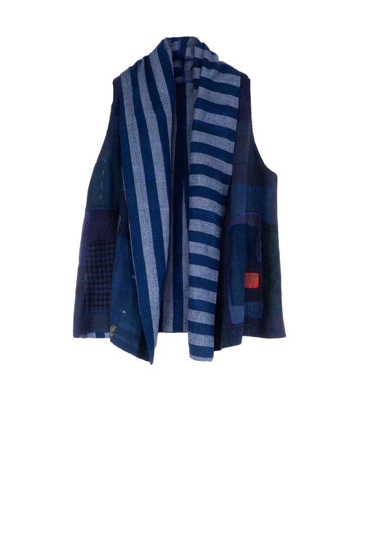 WOVEN STRIPE FRAYED PATCH BACK KANTHA SHAWL COLLAR SHORT VEST - wp2236-nvy -