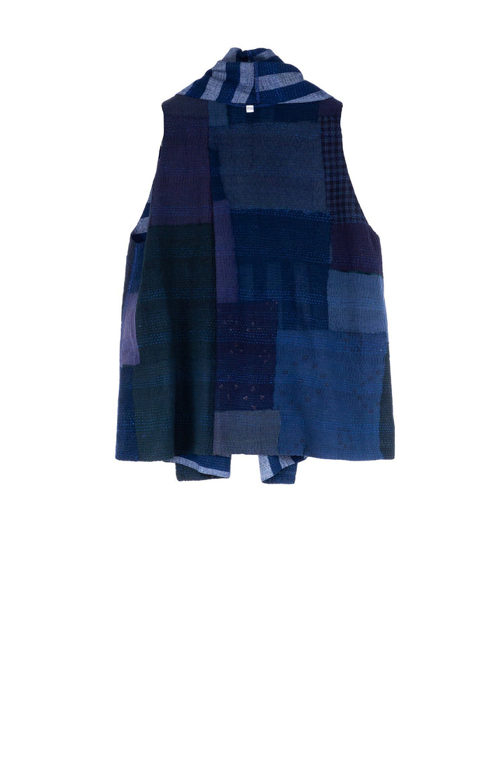 WOVEN STRIPE FRAYED PATCH BACK KANTHA SHAWL COLLAR SHORT VEST - wp2236-nvy -