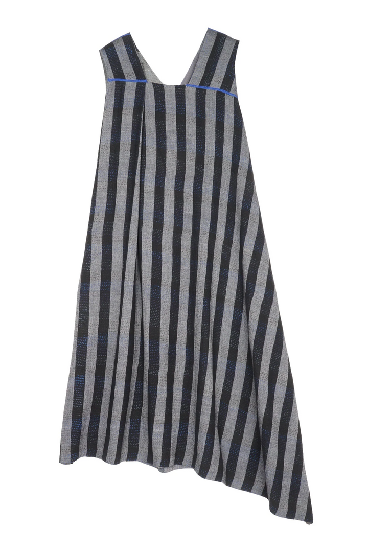 WOVEN STRIPE FRAYED PATCH BACK KANTHA JUMPER DRESS - wp2414-gry -