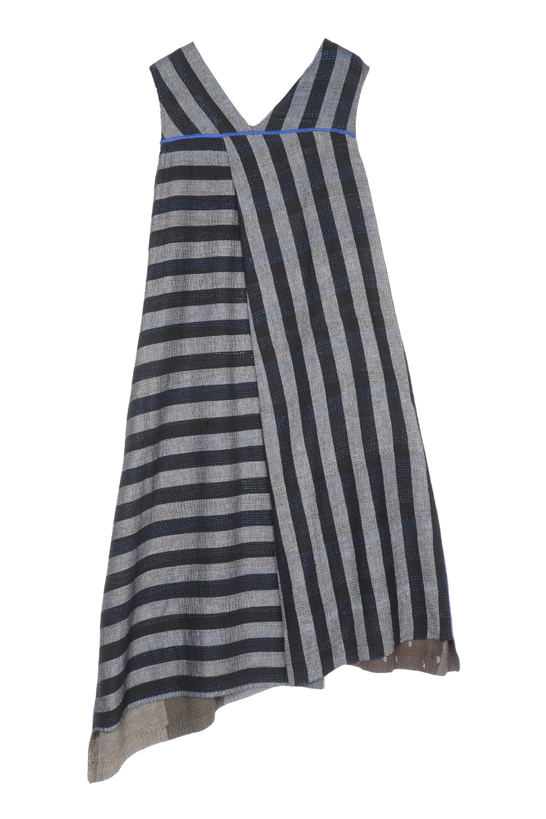 WOVEN STRIPE FRAYED PATCH BACK KANTHA JUMPER DRESS - wp2414-gry -