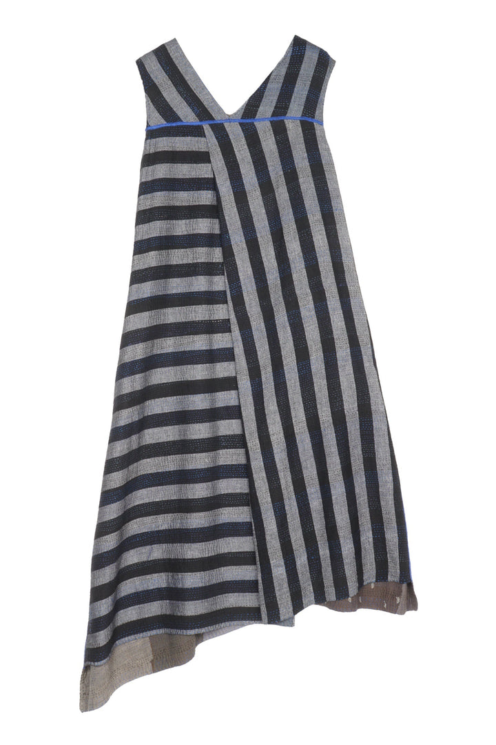 WOVEN STRIPE FRAYED PATCH BACK KANTHA JUMPER DRESS - wp2414-gry -