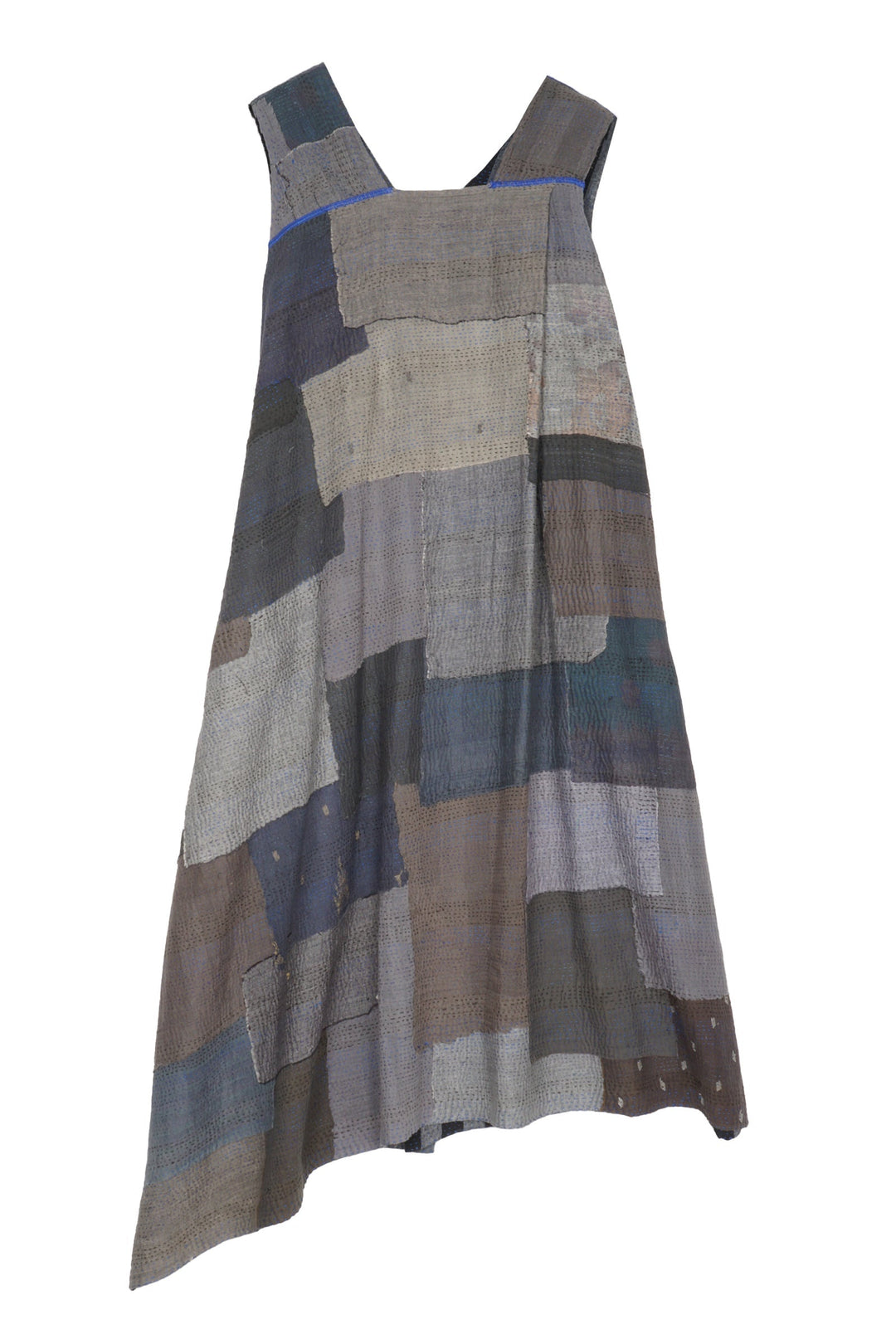 WOVEN STRIPE FRAYED PATCH BACK KANTHA JUMPER DRESS - wp2414-gry -
