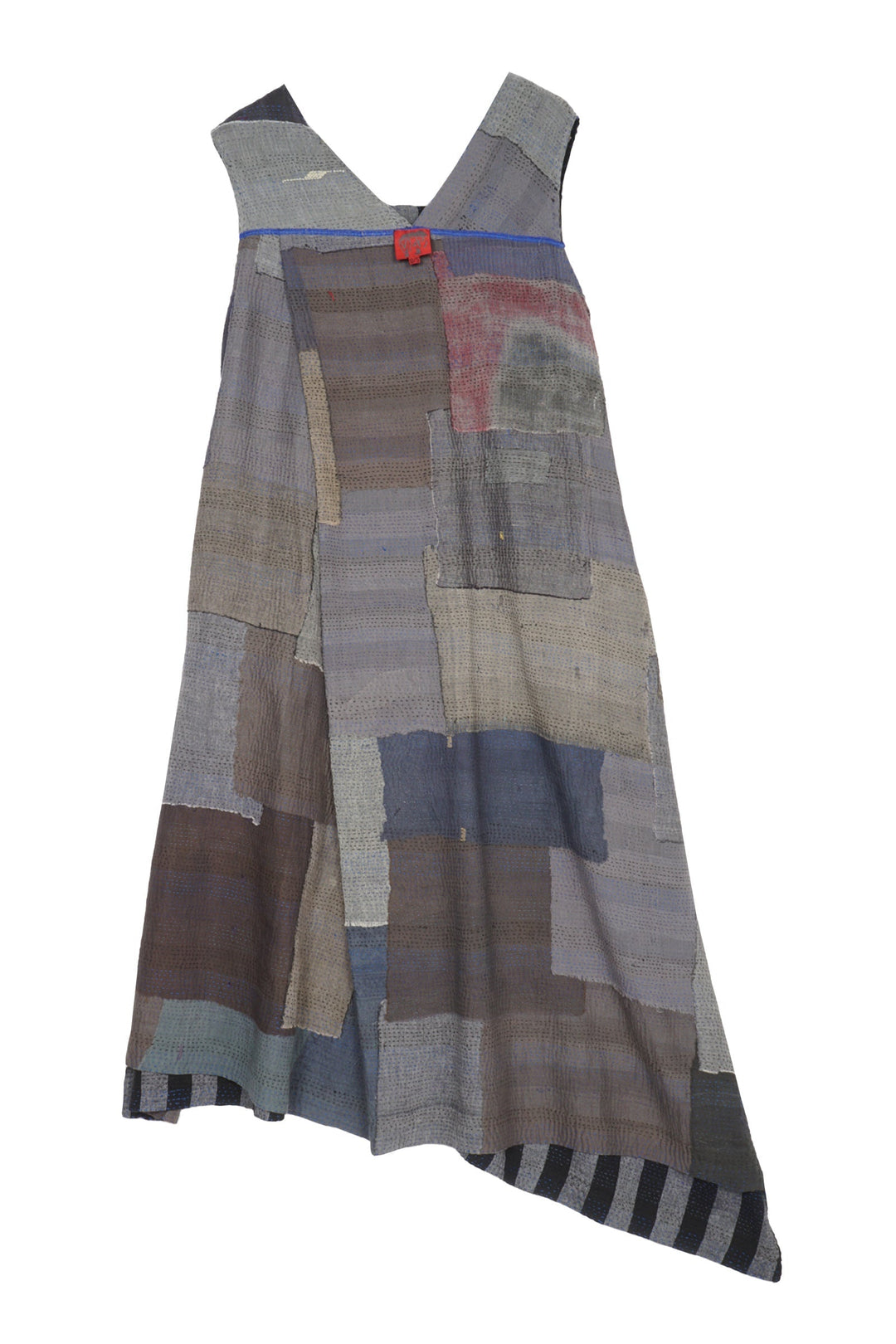 WOVEN STRIPE FRAYED PATCH BACK KANTHA JUMPER DRESS - wp2414-gry -