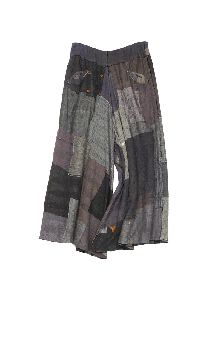 WOVEN STRIPE FRAYED PATCH BACK KANTHA WIDE LEG PANTS - wp2623-gry -