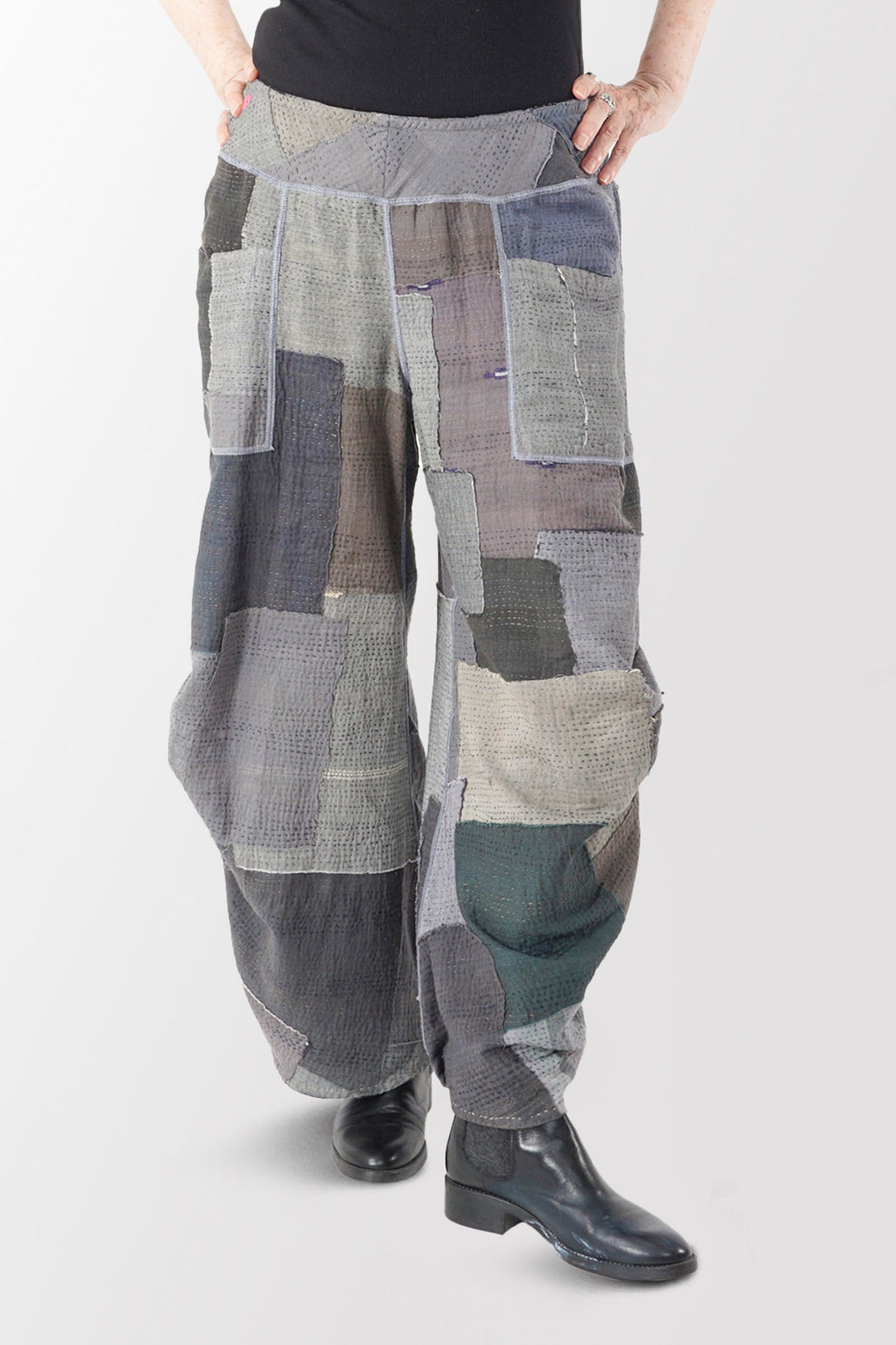 WOVEN STRIPE FRAYED PATCH BACK KANTHA KNEE TUCKED PANTS - wp2625-gry -