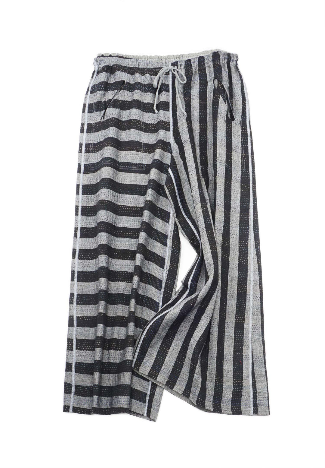 WOVEN STRIPE FRAYED PATCH BACK KANTHA DRAW STRING GAUCHO - wp2627-gry -