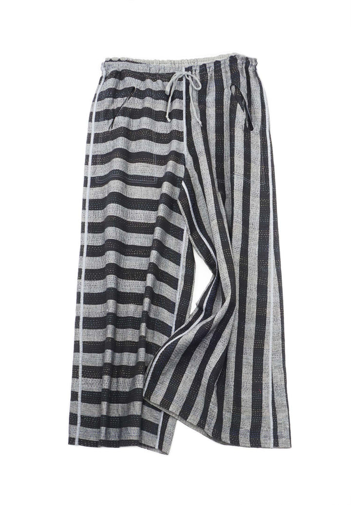 WOVEN STRIPE FRAYED PATCH BACK KANTHA DRAW STRING GAUCHO - wp2627-gry -