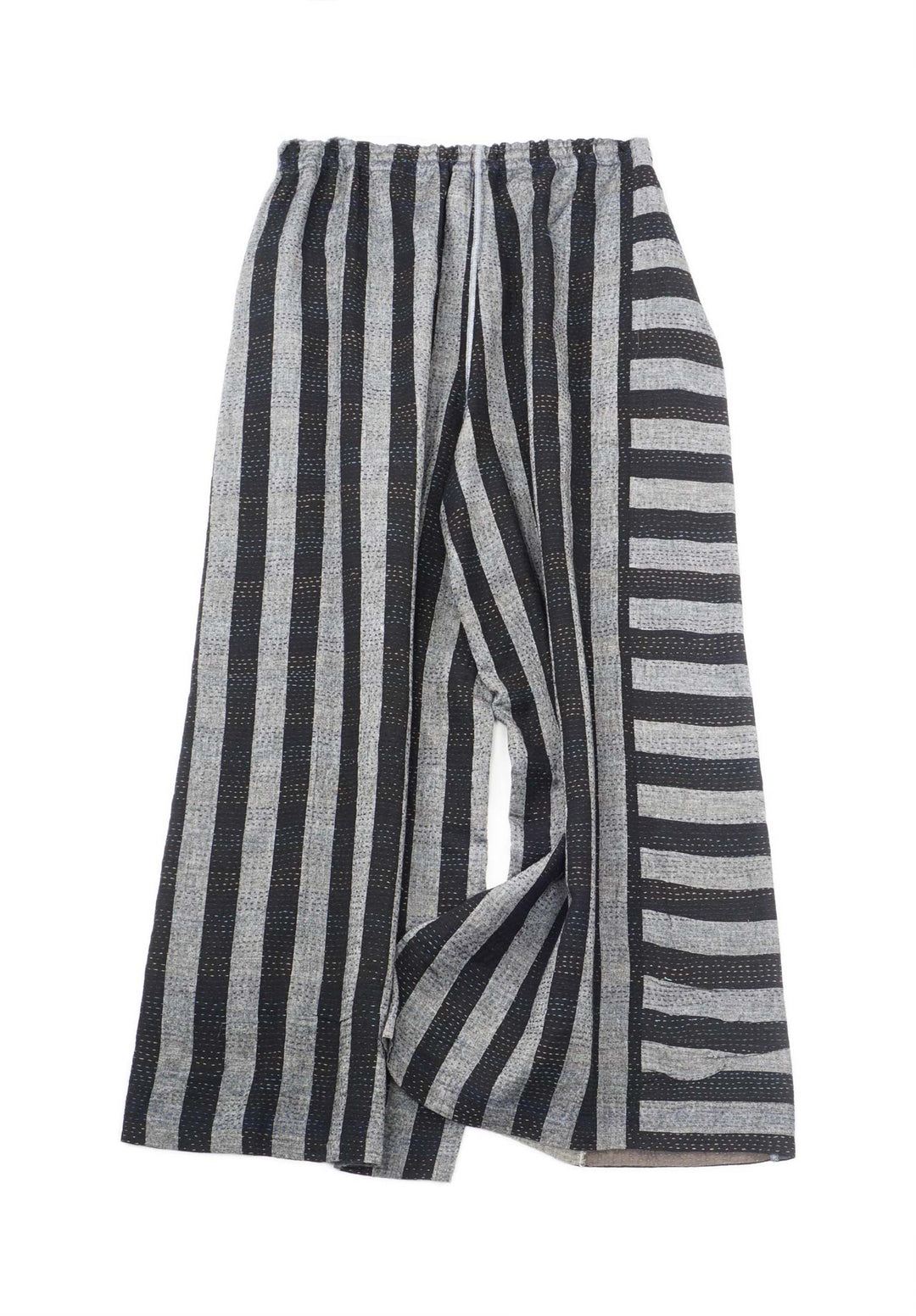 WOVEN STRIPE FRAYED PATCH BACK KANTHA DRAW STRING GAUCHO - wp2627-gry -
