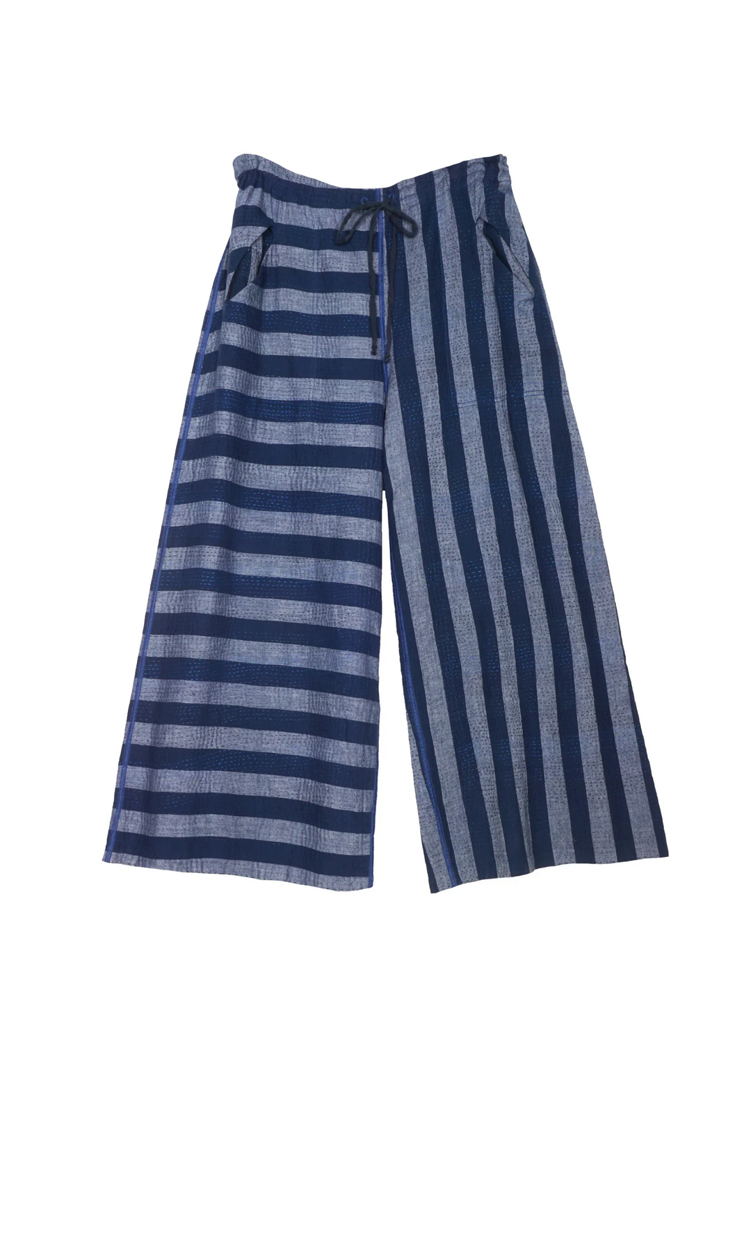 WOVEN STRIPE FRAYED PATCH BACK KANTHA DRAW STRING GAUCHO - wp2627-nvy -
