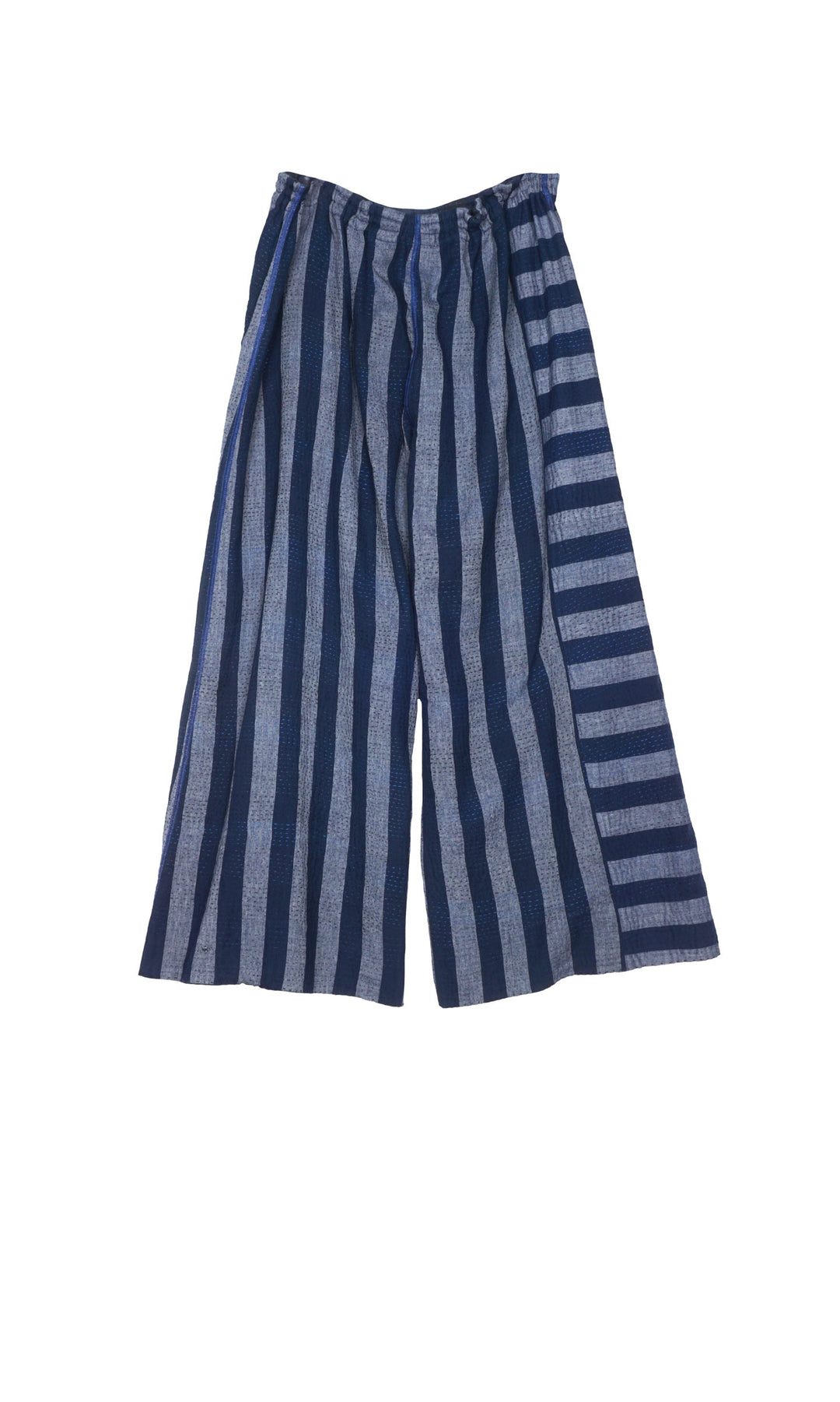 WOVEN STRIPE FRAYED PATCH BACK KANTHA DRAW STRING GAUCHO - wp2627-nvy -