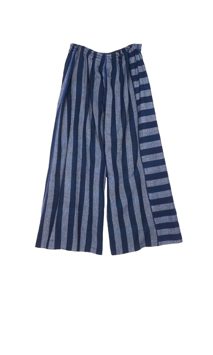 WOVEN STRIPE FRAYED PATCH BACK KANTHA DRAW STRING GAUCHO - wp2627-nvy -