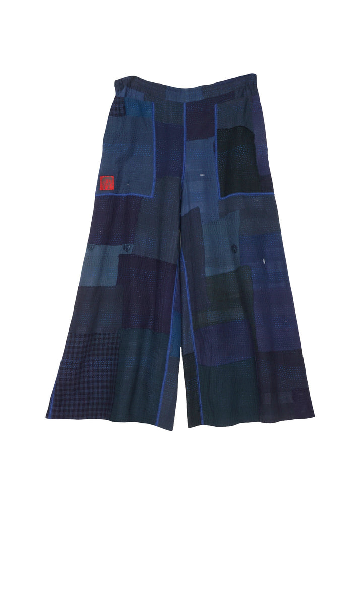 WOVEN STRIPE FRAYED PATCH BACK KANTHA DRAW STRING GAUCHO - wp2627-nvy -