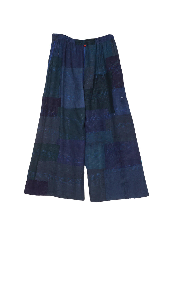 WOVEN STRIPE FRAYED PATCH BACK KANTHA DRAW STRING GAUCHO - wp2627-nvy -