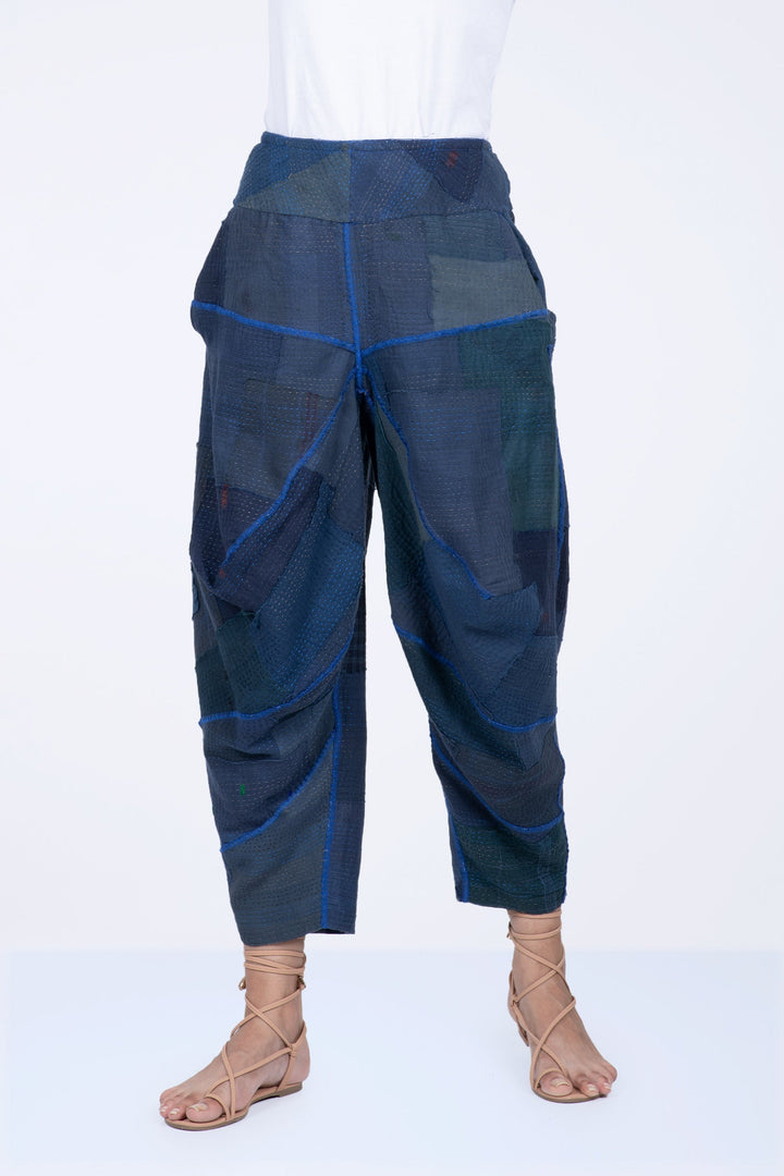 WOVEN STRIPE FRAYED PATCH BACK KANTHA YAMAHA PANTS - wp2632-nvy -