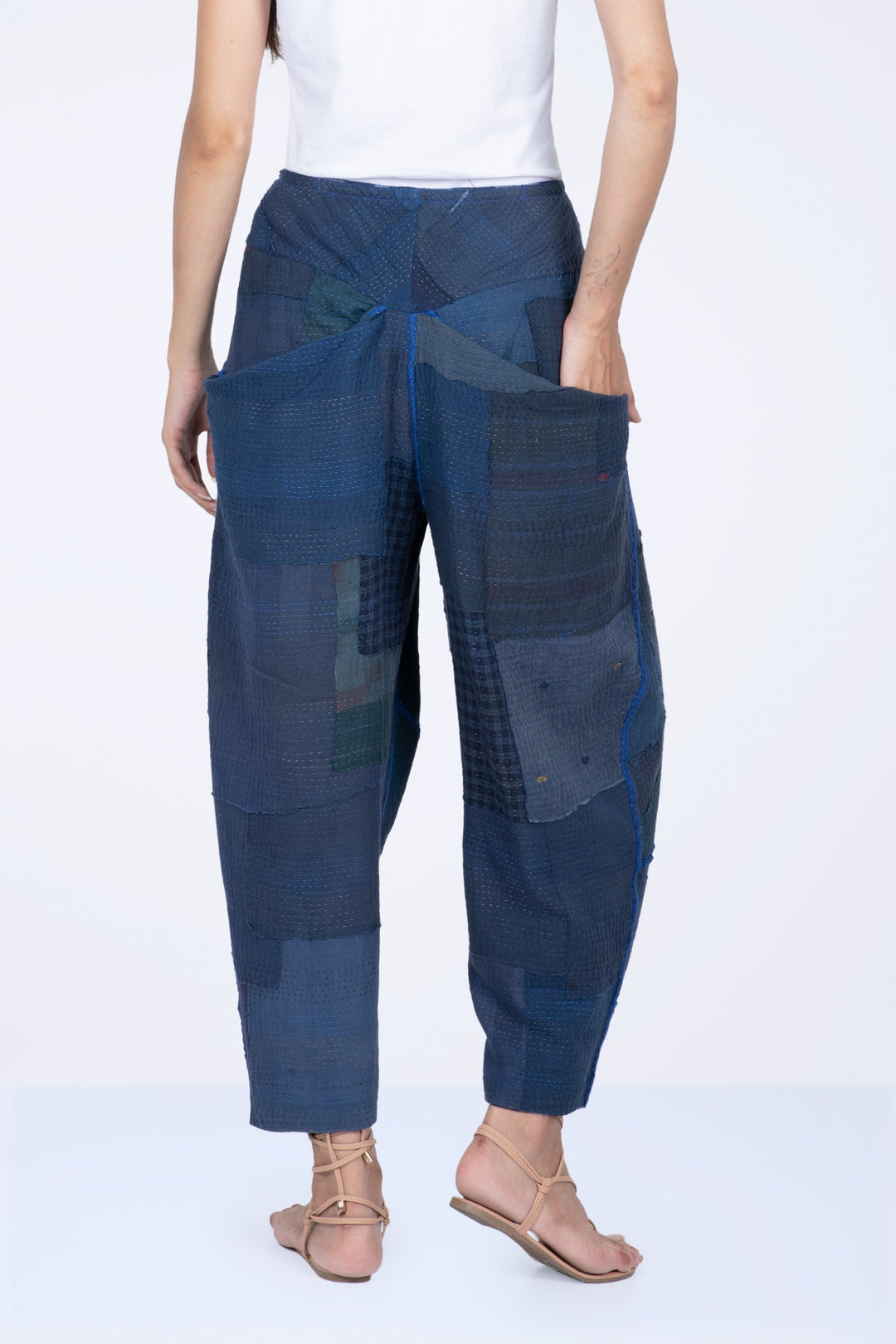 WOVEN STRIPE FRAYED PATCH BACK KANTHA YAMAHA PANTS - wp2632-nvy -