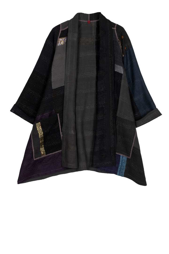 COTTON SILK SW PATCH KANTHA A-LINE JKT - ws2003-blk -