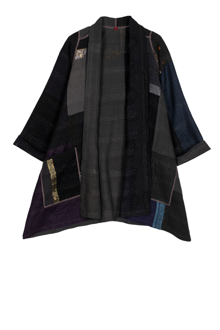 COTTON SILK SW PATCH KANTHA A-LINE JKT - ws2003-blk -
