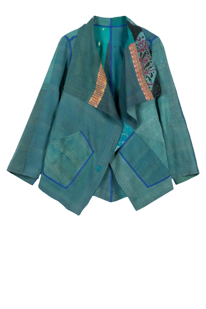 COTTON SILK SW PATCH KANTHA WING COLLAR JACKET - ws2013-tel -