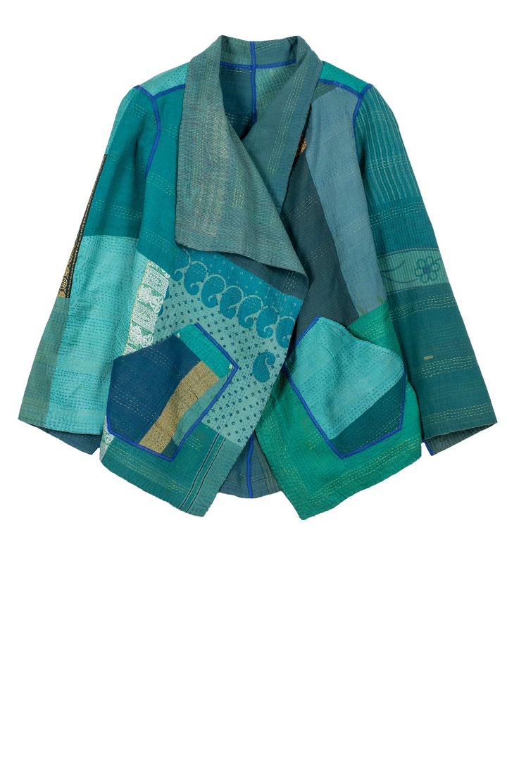 COTTON SILK SW PATCH KANTHA WING COLLAR JACKET - ws2013-tel -