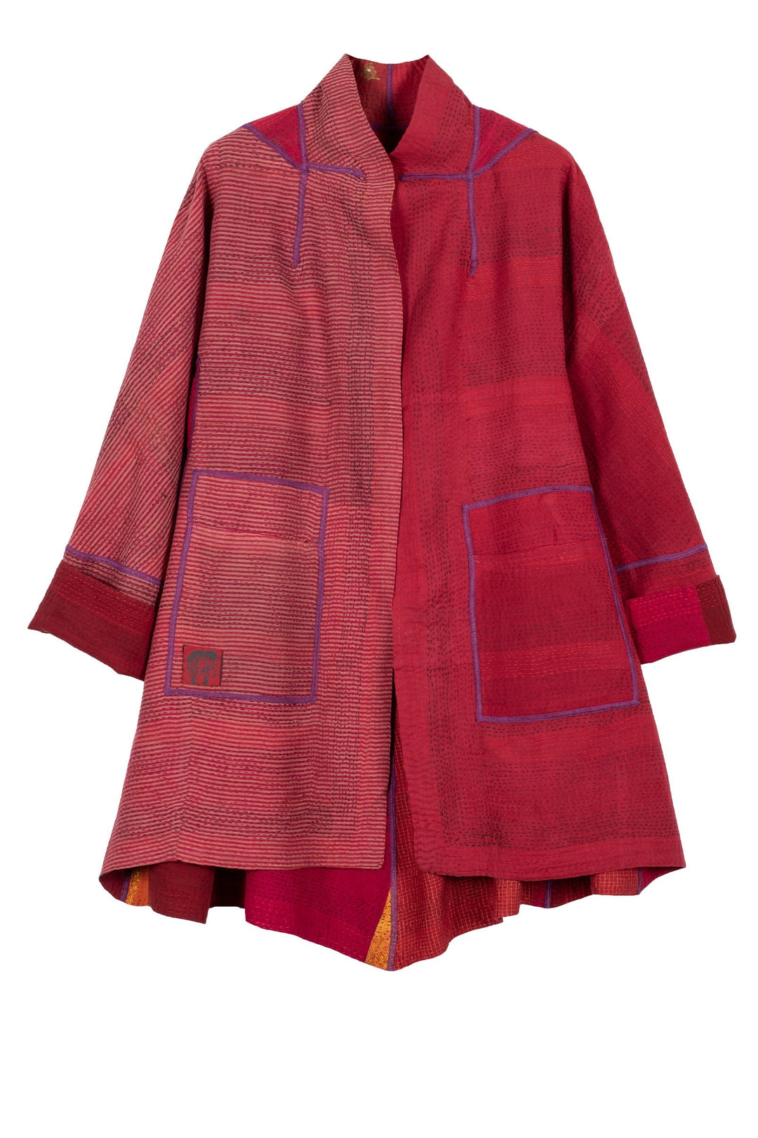 COTTON SILK SW PATCH KANTHA FLARE LONG JACKET - ws2021-red -