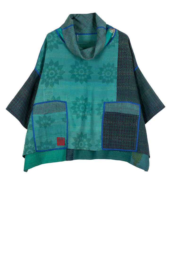COTTON SILK SW PATCH KANTHA COWL NECK PONCHO - ws2061-tel -