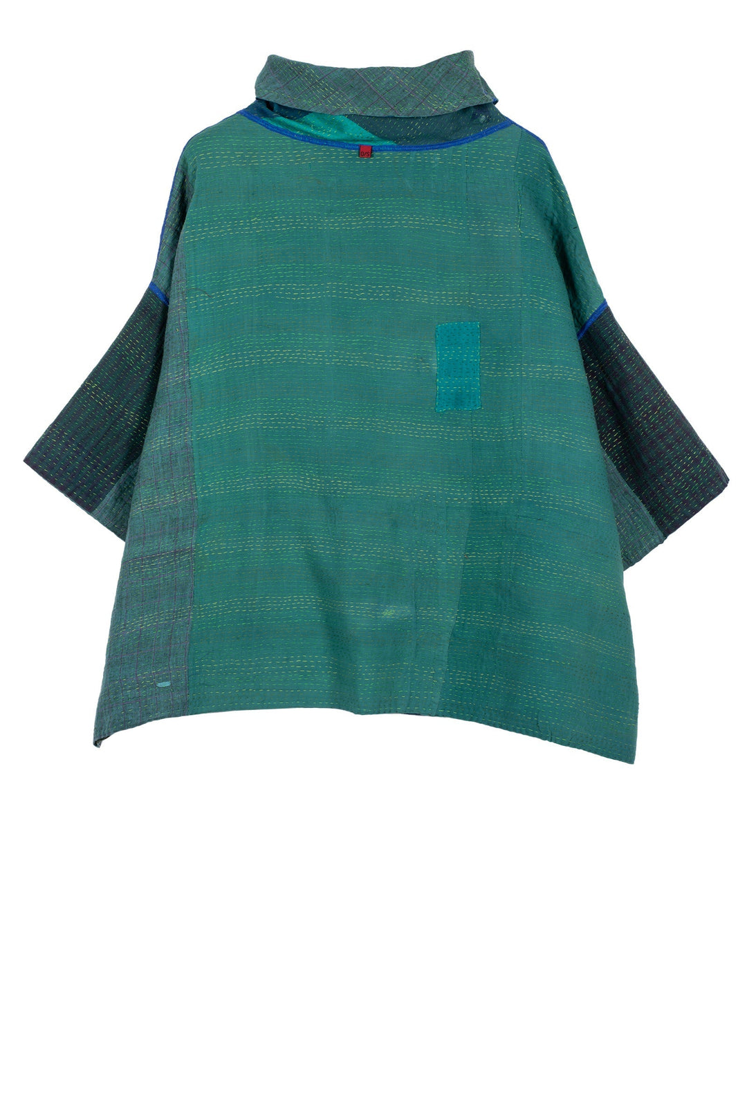 COTTON SILK SW PATCH KANTHA COWL NECK PONCHO - ws2061-tel -