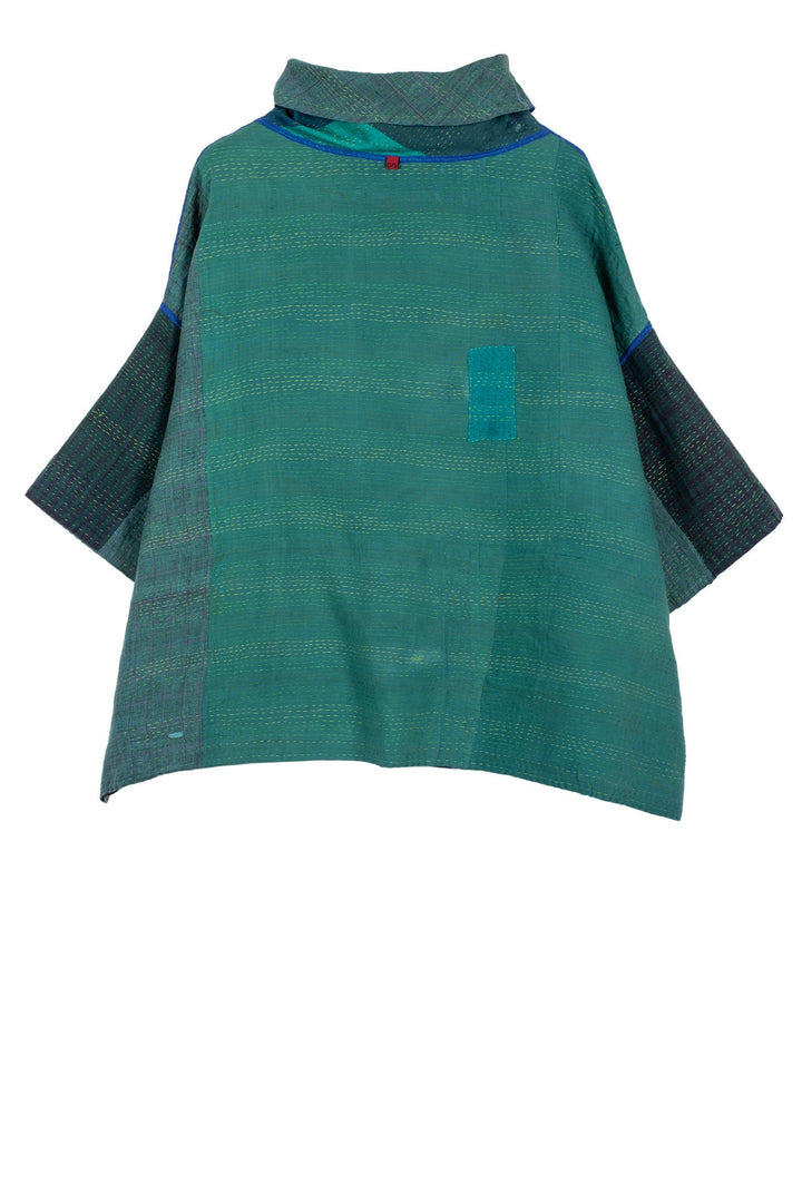COTTON SILK SW PATCH KANTHA COWL NECK PONCHO - ws2061-tel -