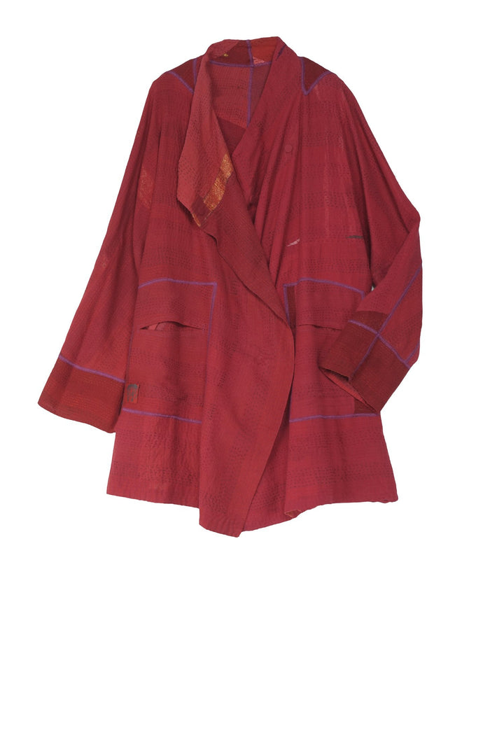 COTTON SILK SW PATCH KANTHA FUNNEL COLLAR COAT - ws2312-red -