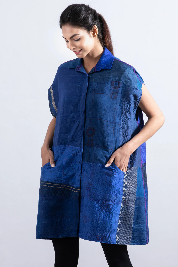COTTON SILK SW PATCH KANTHA SHIRT DRESS - ws2426-blu -