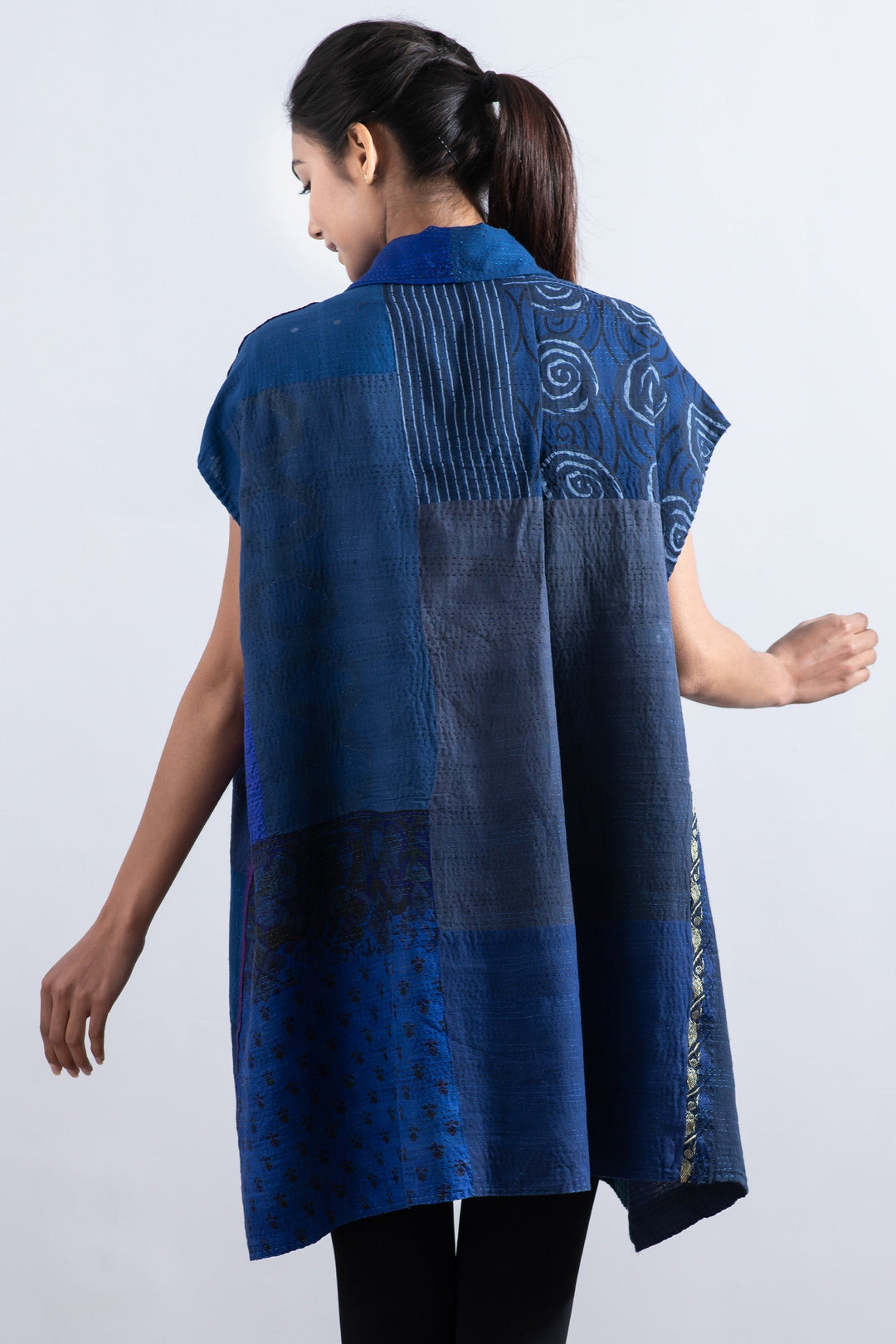 COTTON SILK SW PATCH KANTHA SHIRT DRESS - ws2426-blu -