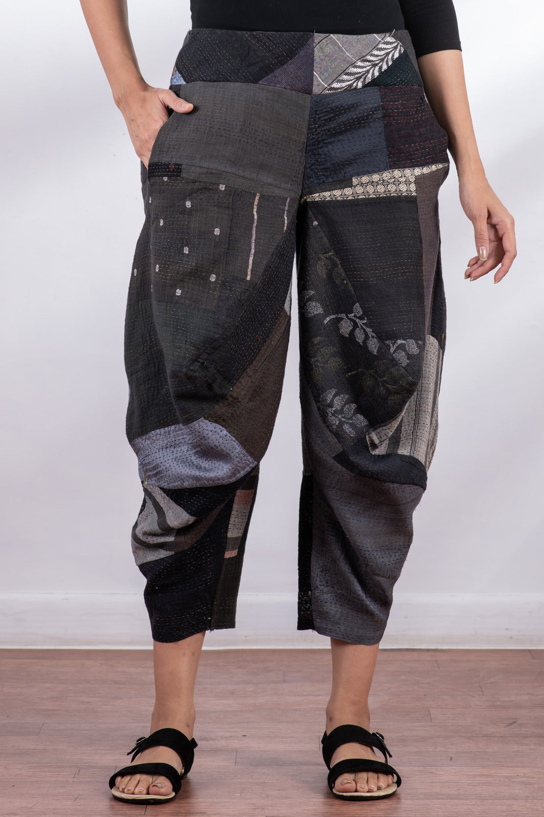 COTTON SILK SW PATCH KANTHA YAMAHA PANTS - ws2632-gry -