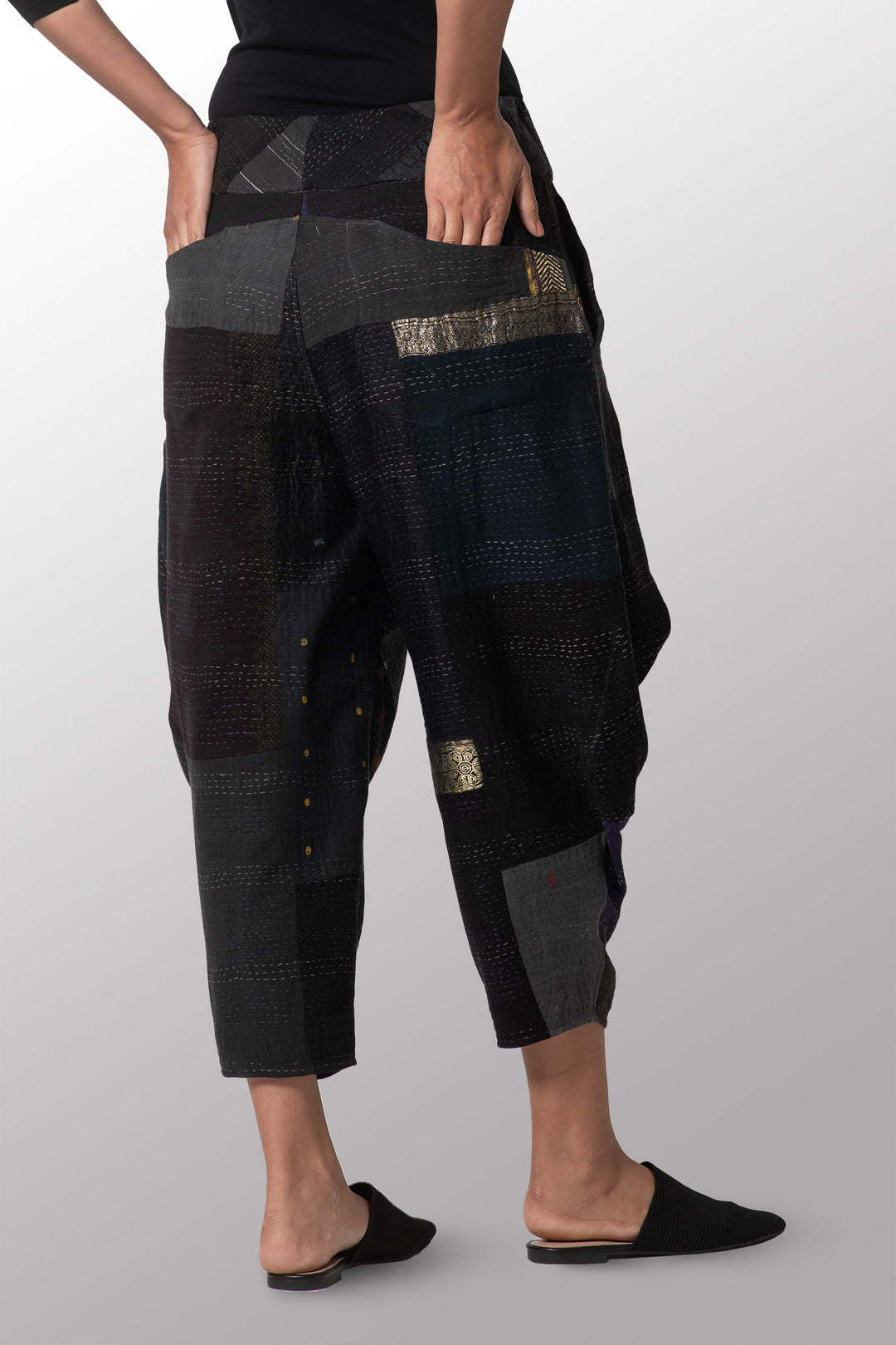 COTTON SILK SW PATCH KANTHA NEW YAMAHA PANTS - ws2652-blk -