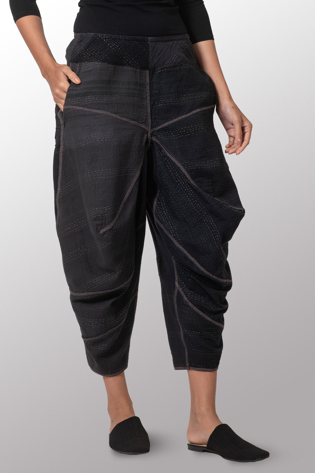 COTTON SILK SW PATCH KANTHA NEW YAMAHA PANTS - ws2652-blk -