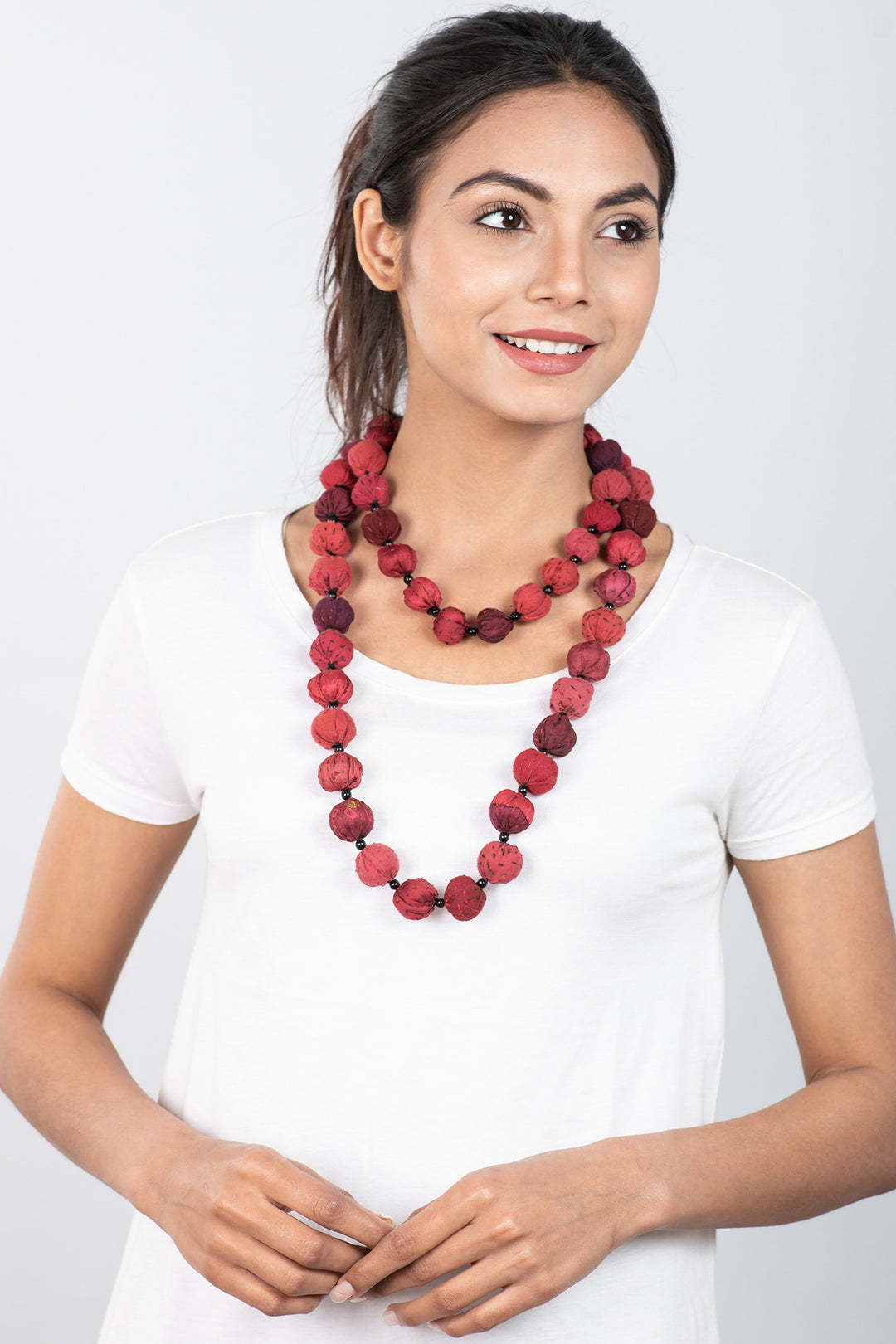 COTTON SILK SW PATCH KANTHA SMALL NUTS LONG NECKLACE - ws2706-red -