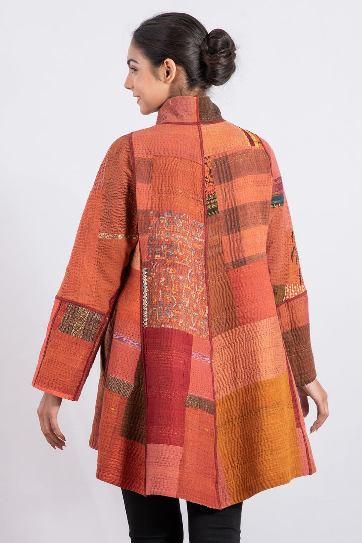 COTTON SILK SW PATCH KANTHA FLARE LONG JKT - ws4021-org -