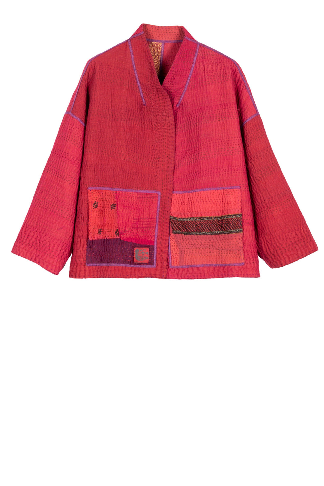 COTTON SILK SW PATCH KANTHA STAND COLLAR CROPPED JKT - ws4034-red -