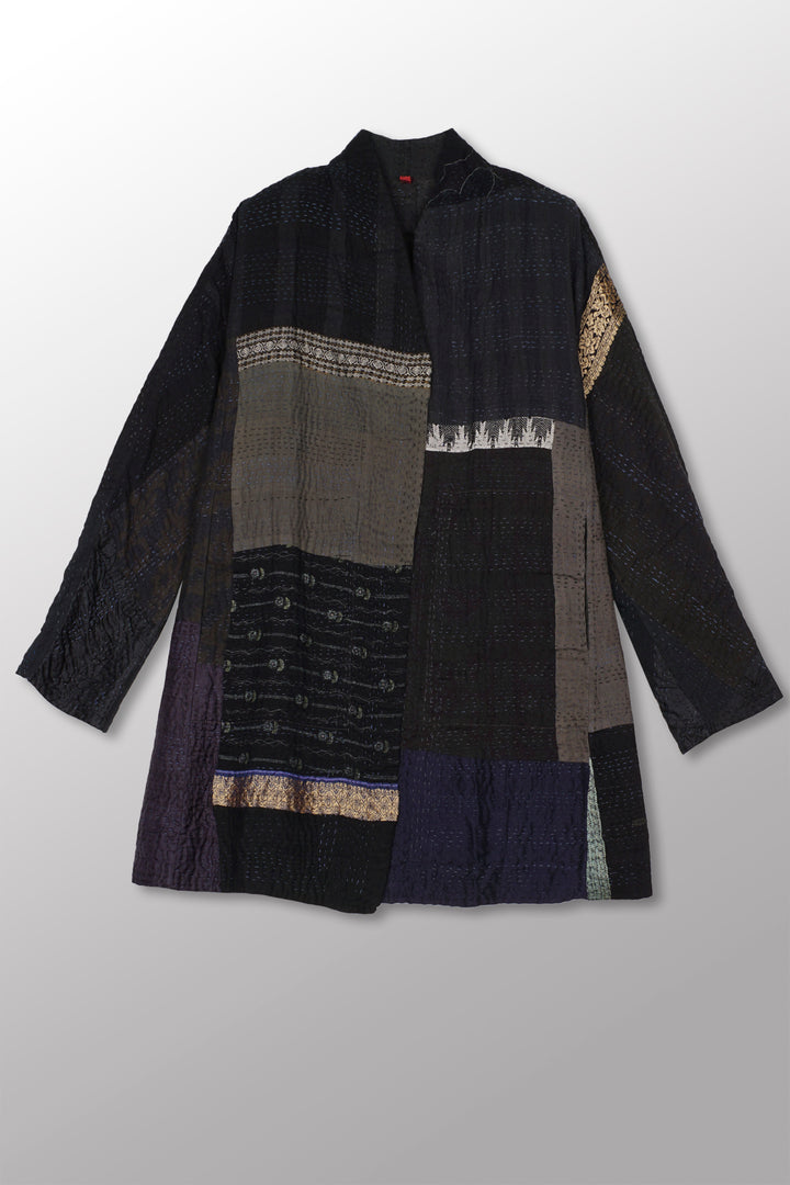 COTTON SILK SW PATCH KANTHA HIGH-NECK TOPPER - ws4045-blk -