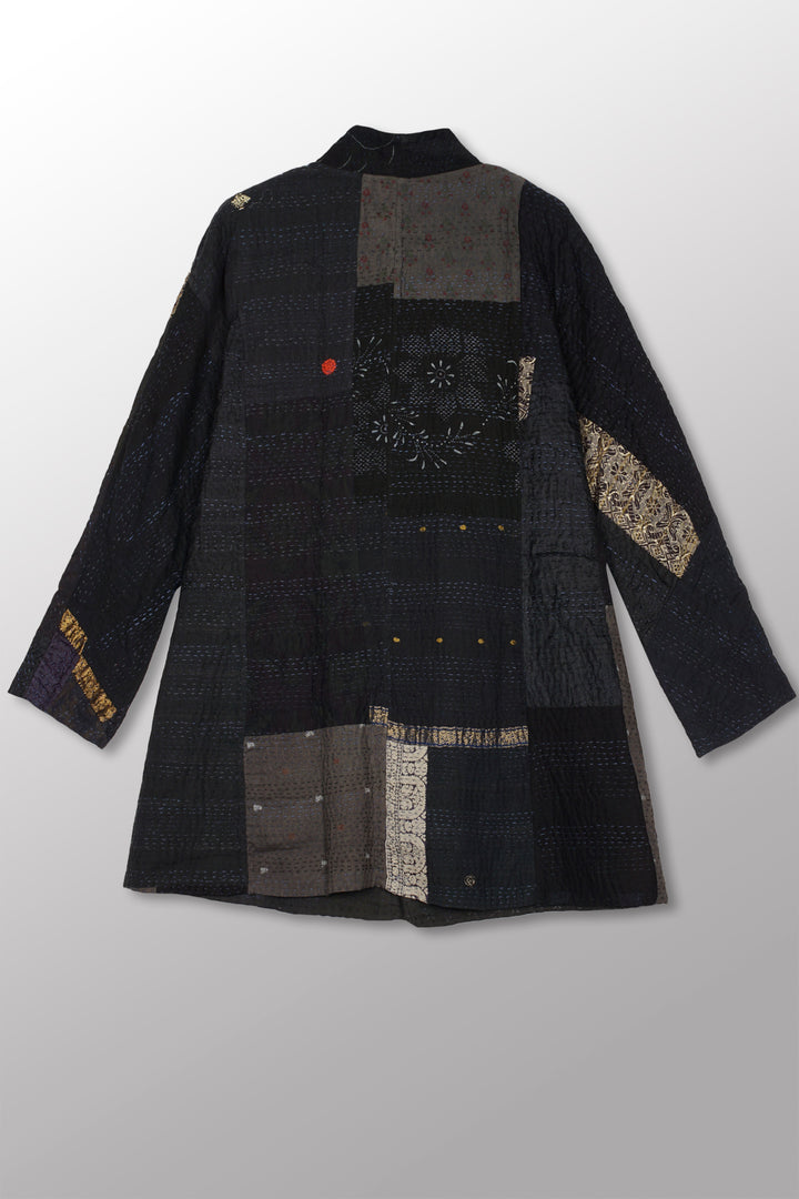 COTTON SILK SW PATCH KANTHA HIGH-NECK TOPPER - ws4045-blk -