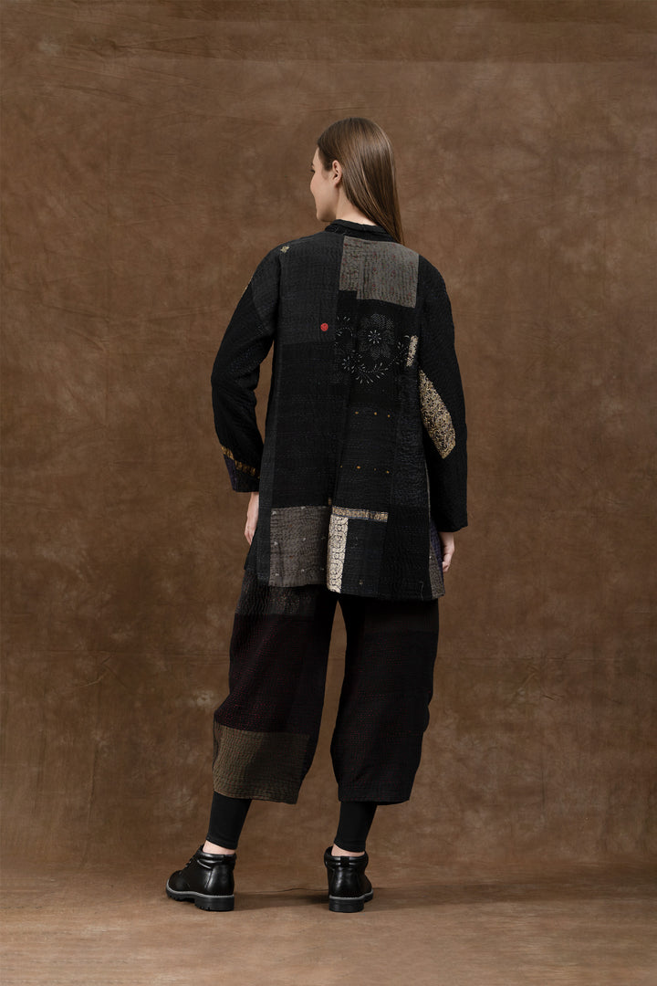 COTTON SILK SW PATCH KANTHA HIGH-NECK TOPPER - ws4045-blk -