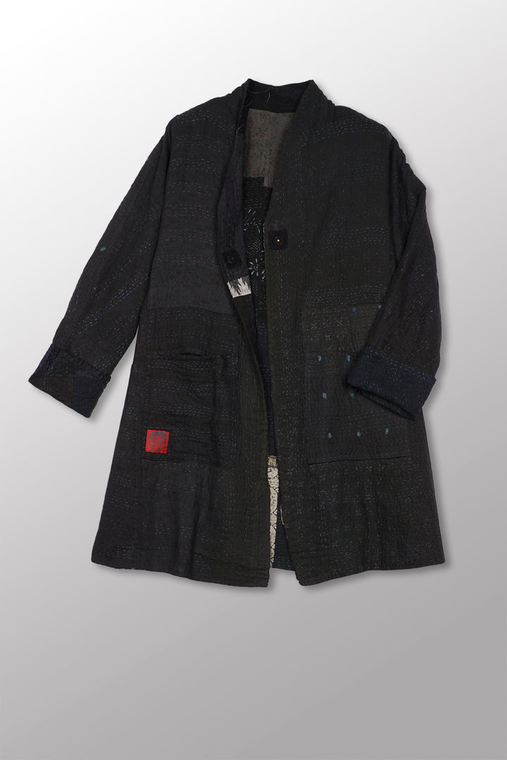 COTTON SILK SW PATCH KANTHA HIGH-NECK TOPPER - ws4045-blk -