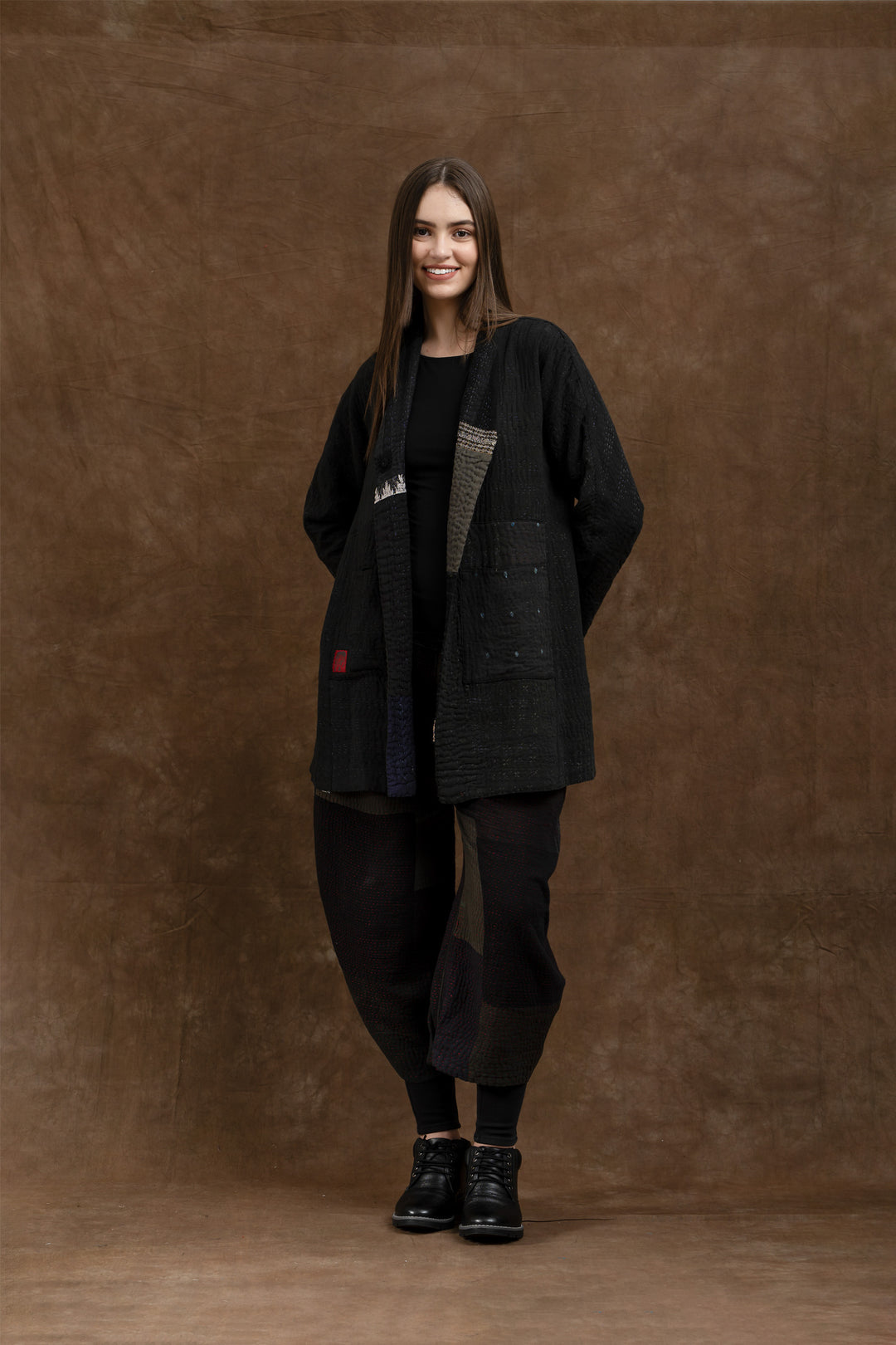 COTTON SILK SW PATCH KANTHA HIGH-NECK TOPPER - ws4045-blk -